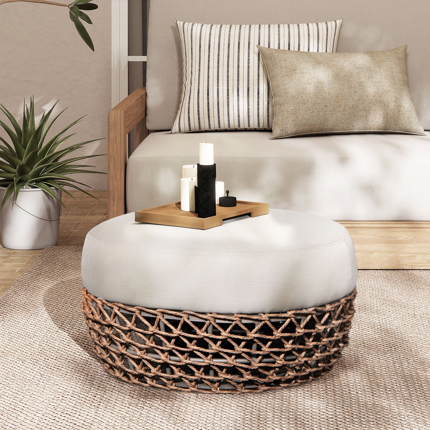 Willow - Round Upholstered Woven Patio Ottoman, Wicker Frame - Wheat Beige / Golden Brown