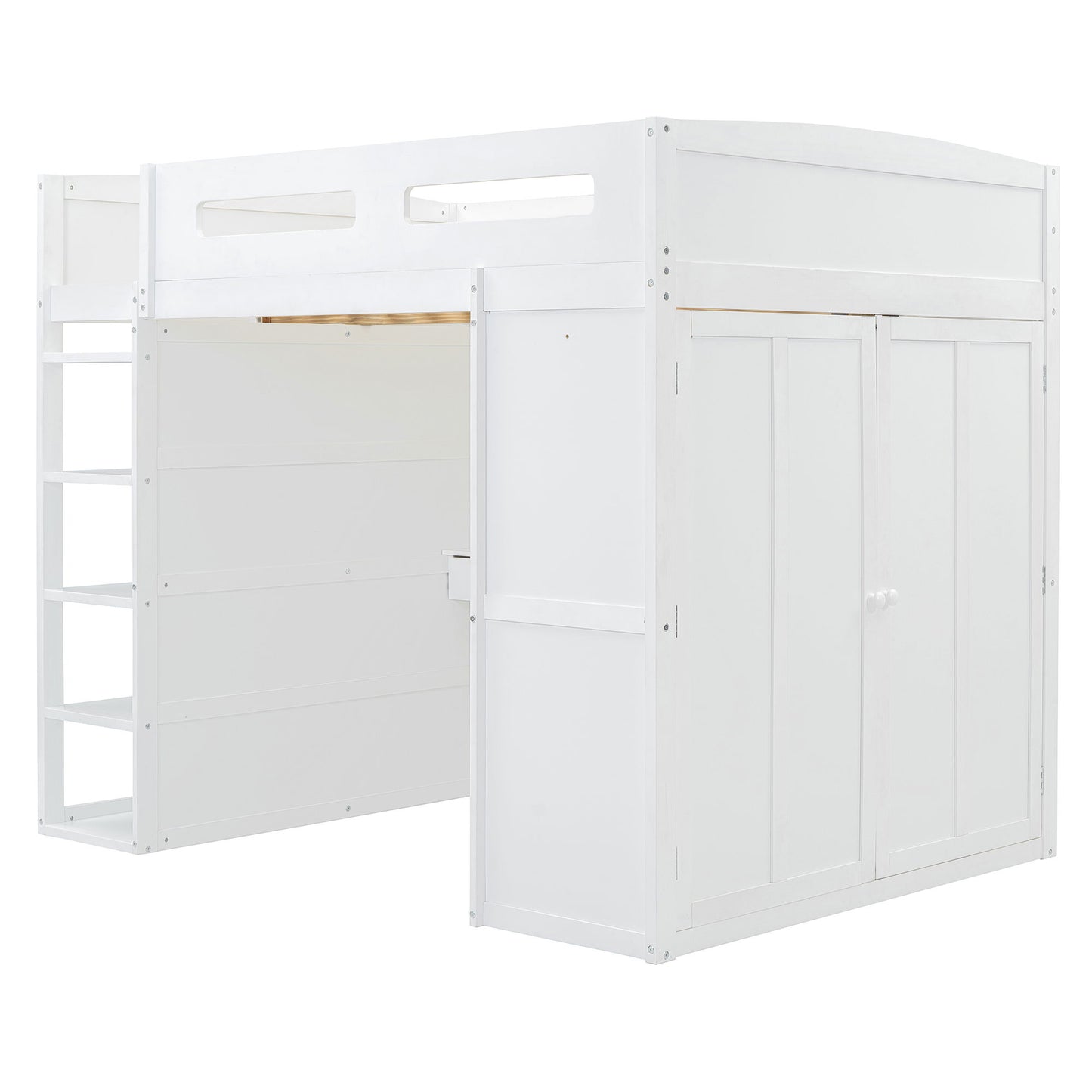 Full Size Loft Bed With Desk, Wardrobes, 4 Drawers And 4 Shelves - White