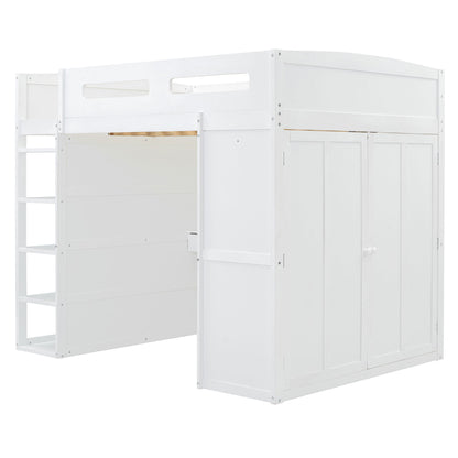 Full Size Loft Bed With Desk, Wardrobes, 4 Drawers And 4 Shelves - White