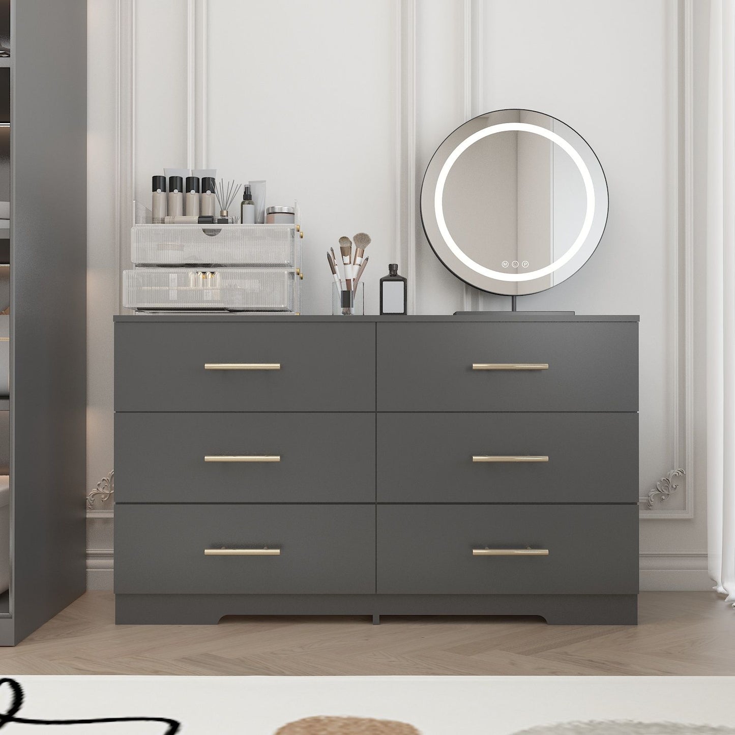 Large 6 Drawers Chest Of Drawer Dressers Table With Golden Handle - Black
