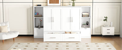Queen Size Murphy Bed With Shelves, Drawers And USB Ports - White