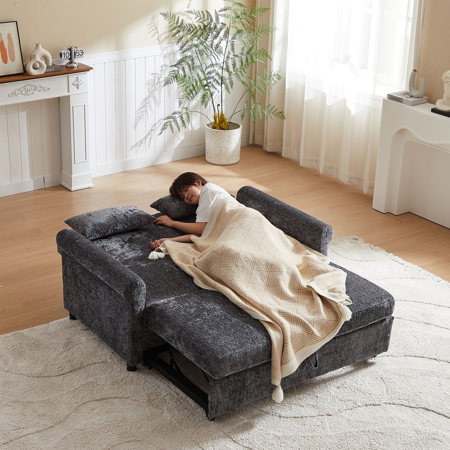3 In 1 Loveseat Sofa Bed Chenille Fabric Pull Out Couch Sleeper Full Back Frame, Seat Frame, Armrests & 2 Pillows - Dark Gray
