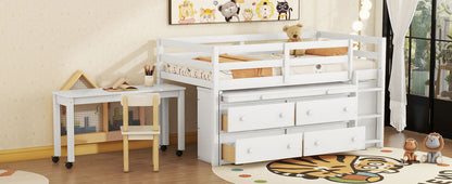 Twin Size Loft Bed With Retractable Writing Desk And 4 Drawers, With Lateral Portable Desk And Shelves - White