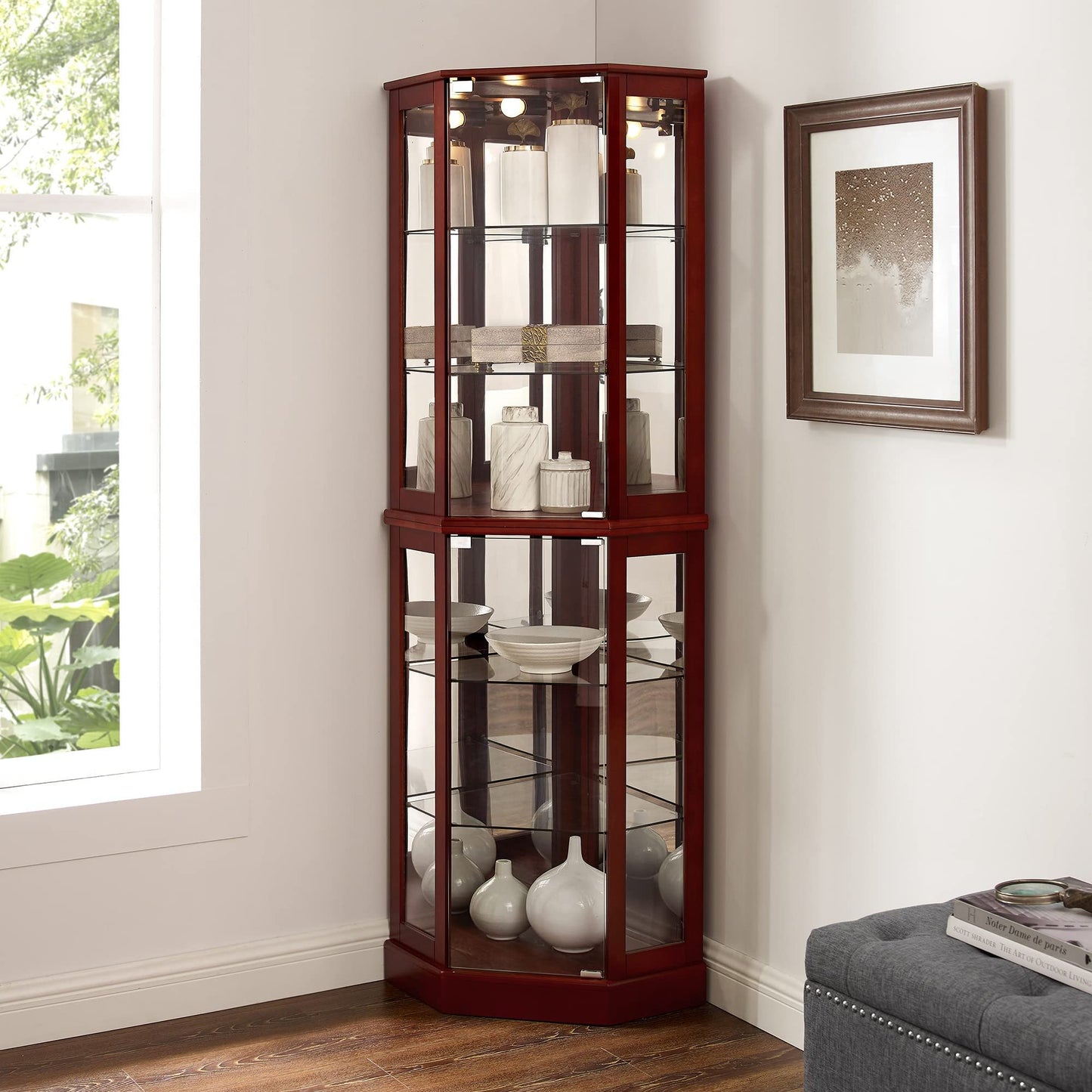 6 Shelf Corner Curio Display Cabinet With Lights, Mirrors And Adjustable Shelves (E26 Light Bulb Not Included) - Cherry