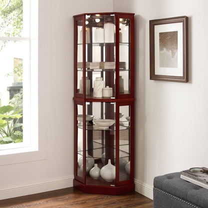 6 Shelf Corner Curio Display Cabinet With Lights, Mirrors And Adjustable Shelves (E26 Light Bulb Not Included) - Cherry