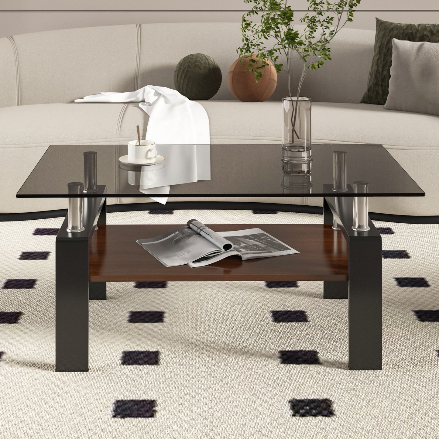 Modern Rectangular Coffee Table With Tempered Glass Top Layer - Gray