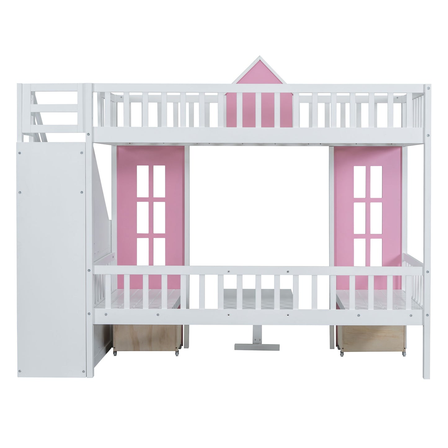 Twin Over Twin Bunk Bed With Changeable Table, Bunk Bed Turn Into Upper Bed And Down Desk - Pink