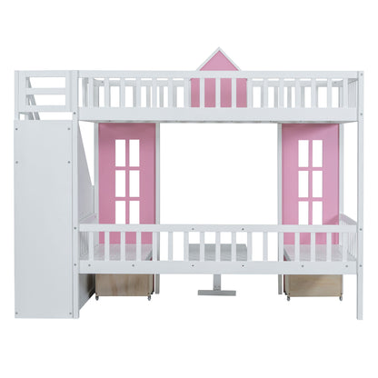 Twin Over Twin Bunk Bed With Changeable Table, Bunk Bed Turn Into Upper Bed And Down Desk - Pink