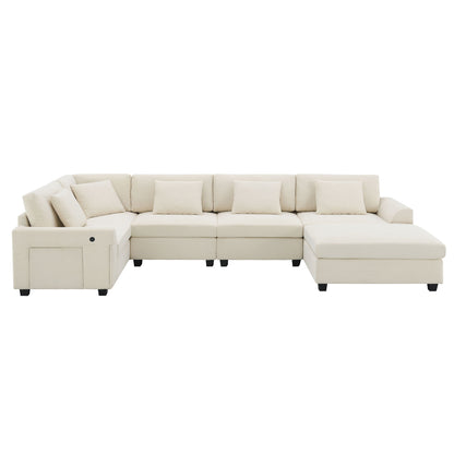 U Shaped Sectional Sofa 6 Seat Couch Set With Oversized Ottoman, Hidden Armrest Storage And Cup Holders USB Charging Ports Wide Seat Sofa - Off White
