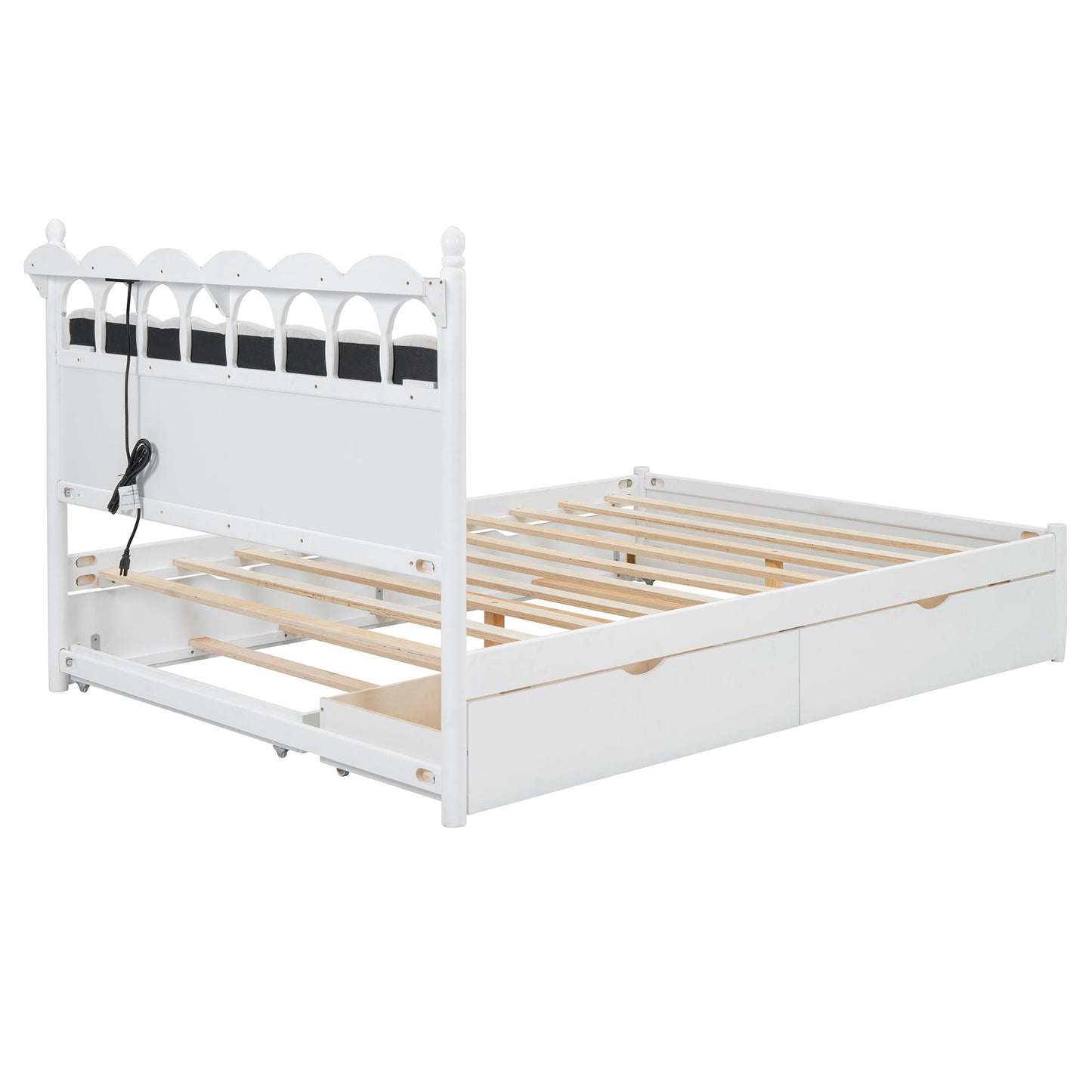 Queen Size Storage Platform Bed, With 2 Big Drawers, Twin Long Size Trundle, One Set Of Sockets & USB Ports - White