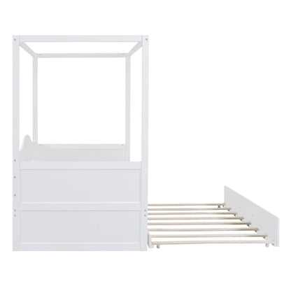 Twin Size Canopy Day Bed With Twin Size Trundle - White