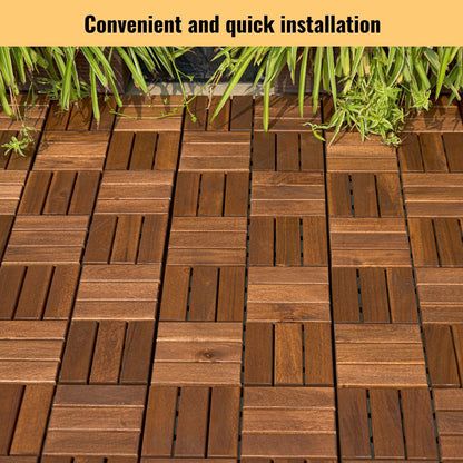 Acacia Wood Interlocking Deck Tiles Checker Pattern, 10 Piece Square Acacia Hardwood Outdoor Flooring For Patio, Bancony, Pool Side - Brown
