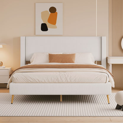 Queen Size Platform Bed With Legs, Frame And Tufted Headboard - Beige