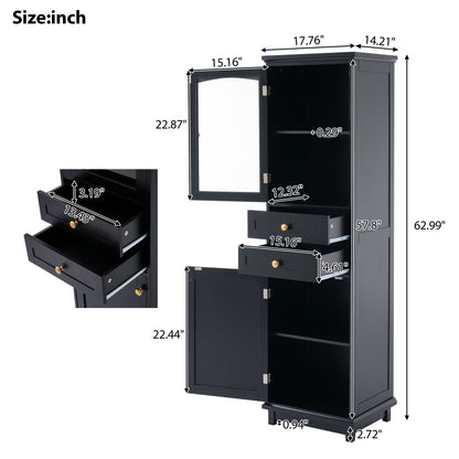 Tall Bathroom Storage Cabinet With Glass Doors, Free-Standing, Two Drawers, And Adjustable Shelves, MDF Board, Painted Perfect For Displaying Your Favorite Items - Black