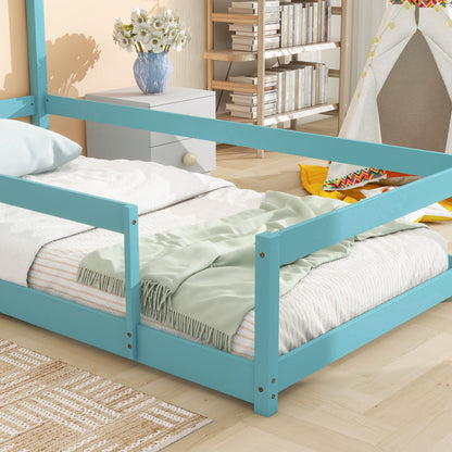 Twin Size Wood Bed With House-Shaped Headboard Floor Bed With Fences - Light Blue
