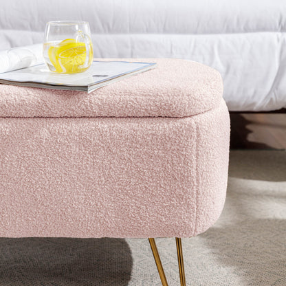 Storage Ottoman Bench For End Of Bed Gold Legs, Modern Gray Faux Fur Entryway Bench Upholstered Padded With Storage For Living Room Bedroom - Pink