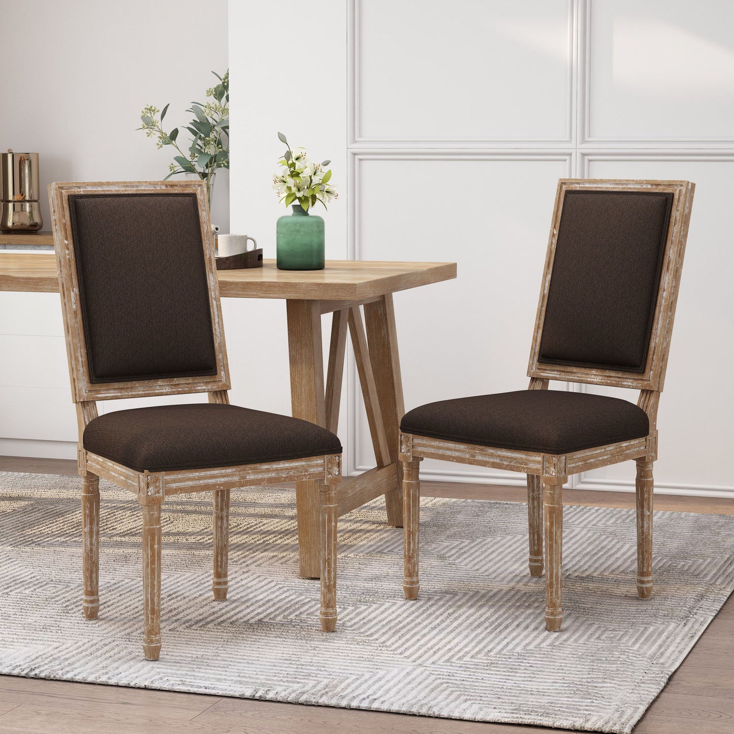 French Country Style Dining Chair Set With Upholstered Seats And Cane Backrest - Brown