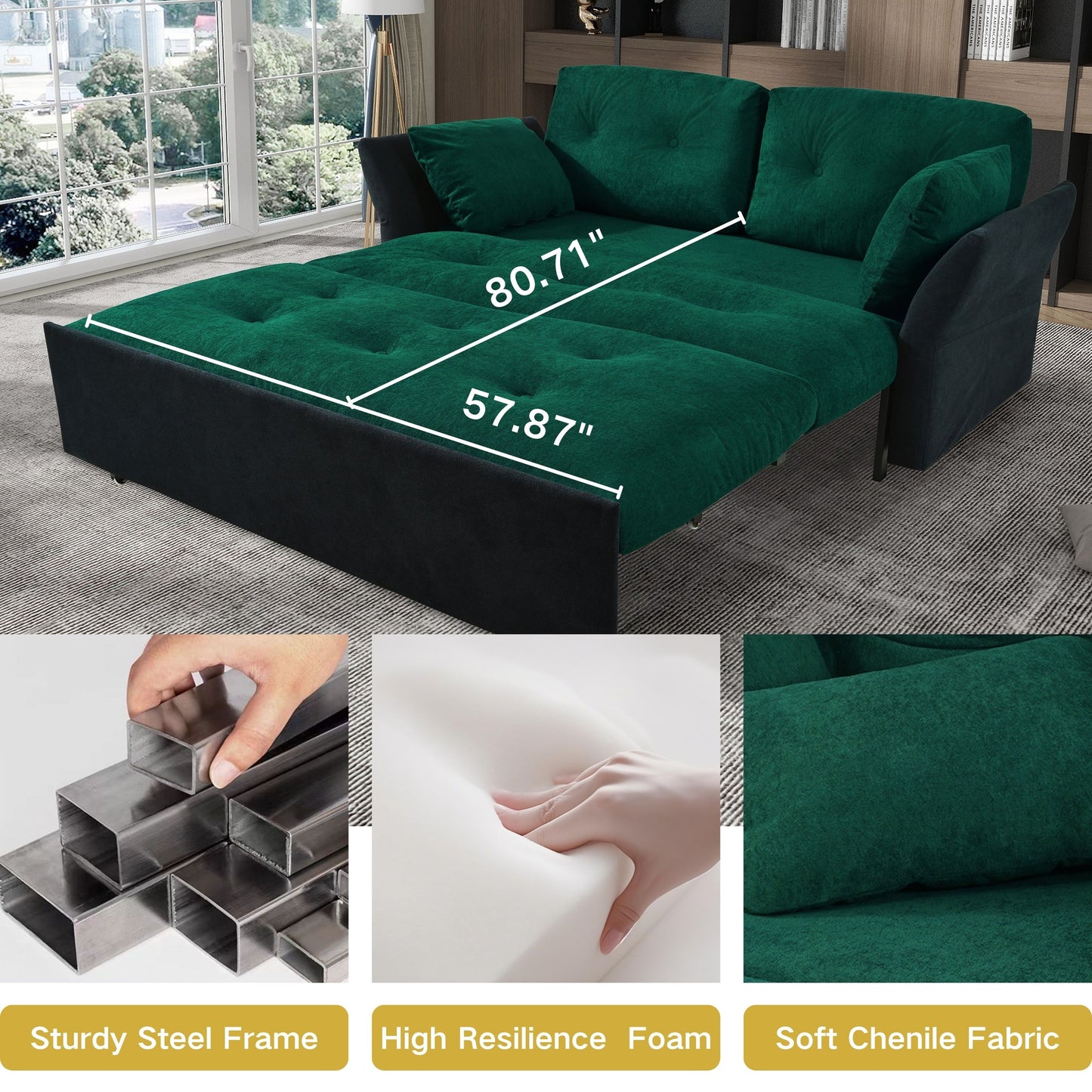 Modern Convertible Sleeper Sofa Bed With Pull Out Queen Design, Side Storage & Thick Cushions Chenille Loveseat For Living Room Or Bedroom 3 In 1 Function - Green