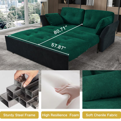Modern Convertible Sleeper Sofa Bed With Pull Out Queen Design, Side Storage & Thick Cushions Chenille Loveseat For Living Room Or Bedroom 3 In 1 Function - Green