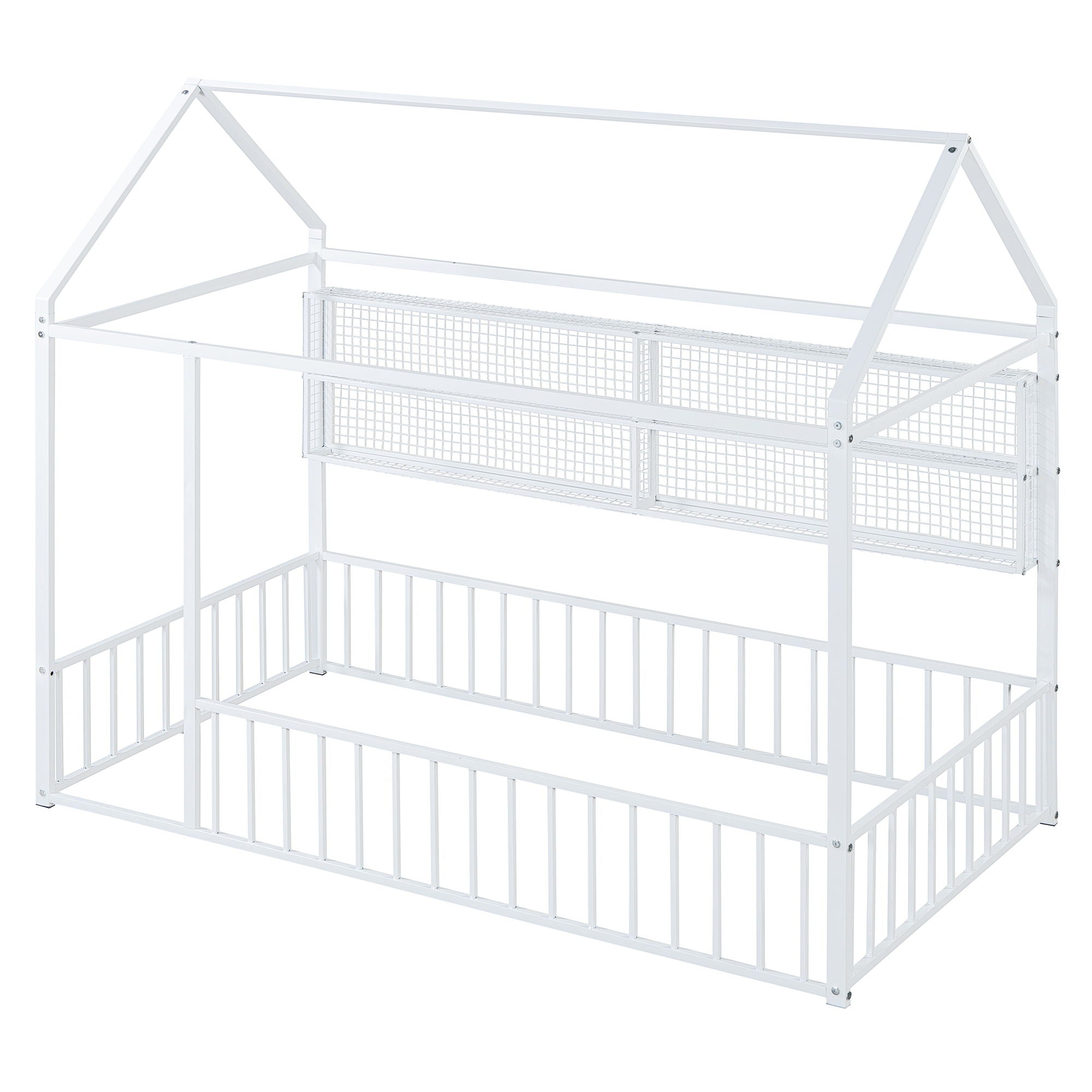 Twin Size Bed House Frame With Fence And Shelves - White
