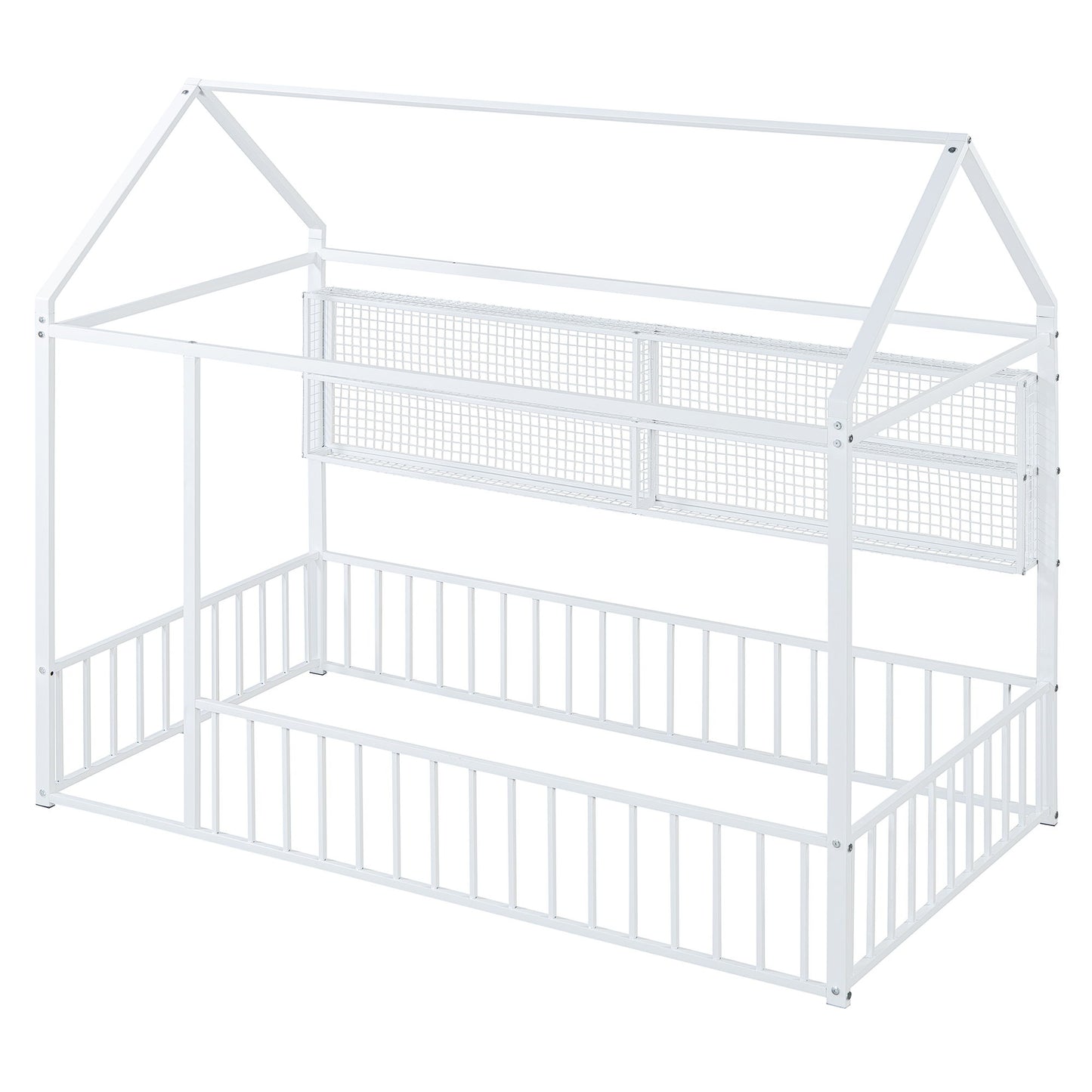 Twin Size Bed House Frame With Fence And Shelves - White