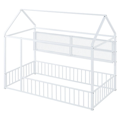 Twin Size Bed House Frame With Fence And Shelves - White