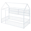 Twin Size Bed House Frame With Fence And Shelves - White