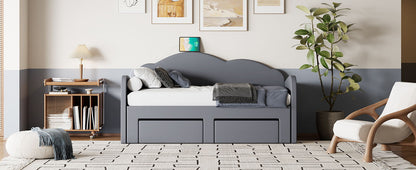 Twin Size Upholstered Daybed With Cloud-Shaped Backrest, Trundle & 2 Drawers And USB Ports - Gray