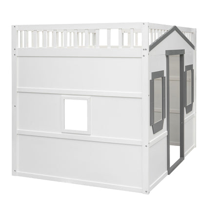 Full Size House Loft Bed With Ladder - White / Gray
