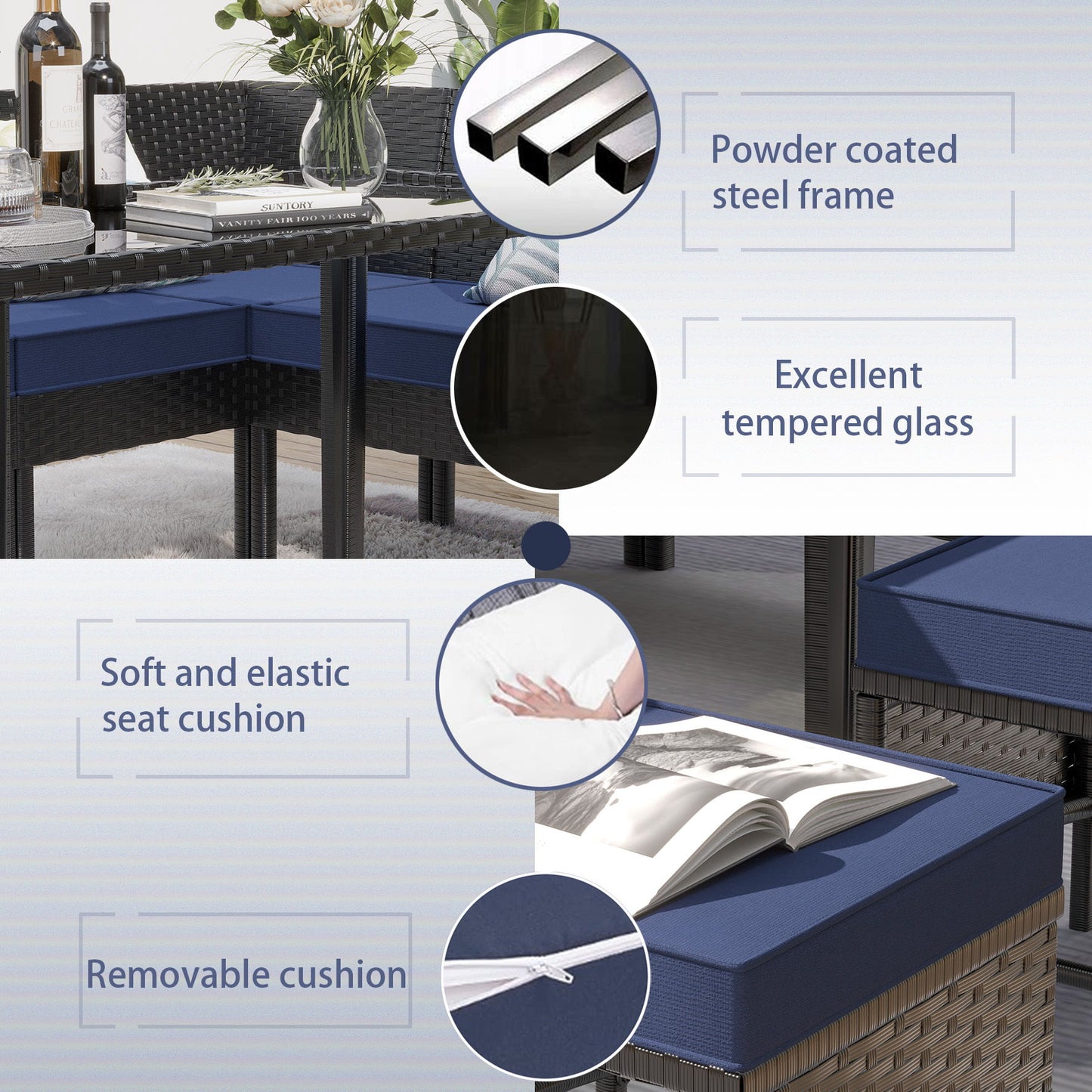 7 Piece Outdoor Furniture Set Waterproof Cushions Glass Table Space Saving - Blue