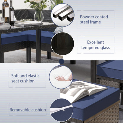 7 Piece Outdoor Furniture Set Waterproof Cushions Glass Table Space Saving - Blue