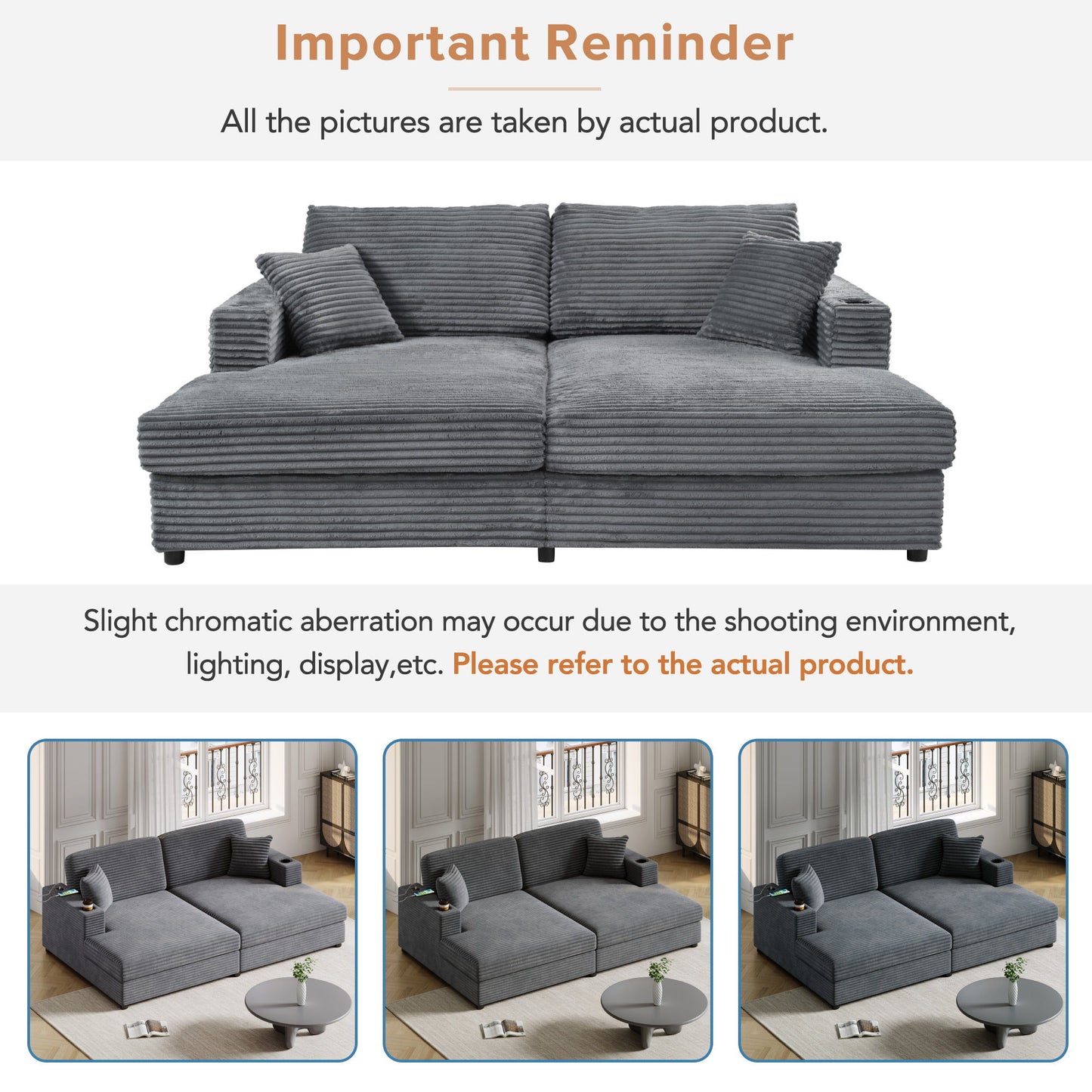 Oversized Loveseat Chaise Lounge Sectional Sofa Bed Corduroy Sleeper Sofa With 2 USB Ports, 2 Cup Holders And 2 Throw Pillows For Living Room And Bedroom - Dark Gray