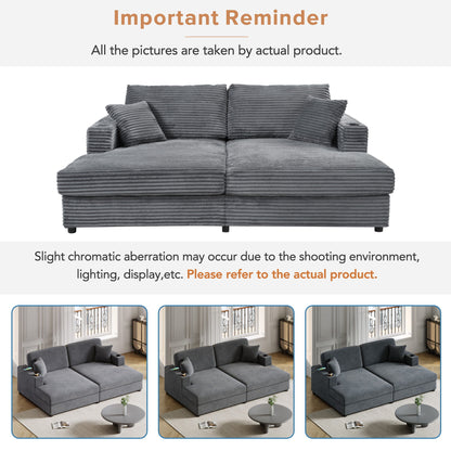 Oversized Loveseat Chaise Lounge Sectional Sofa Bed Corduroy Sleeper Sofa With 2 USB Ports, 2 Cup Holders And 2 Throw Pillows For Living Room And Bedroom - Dark Gray