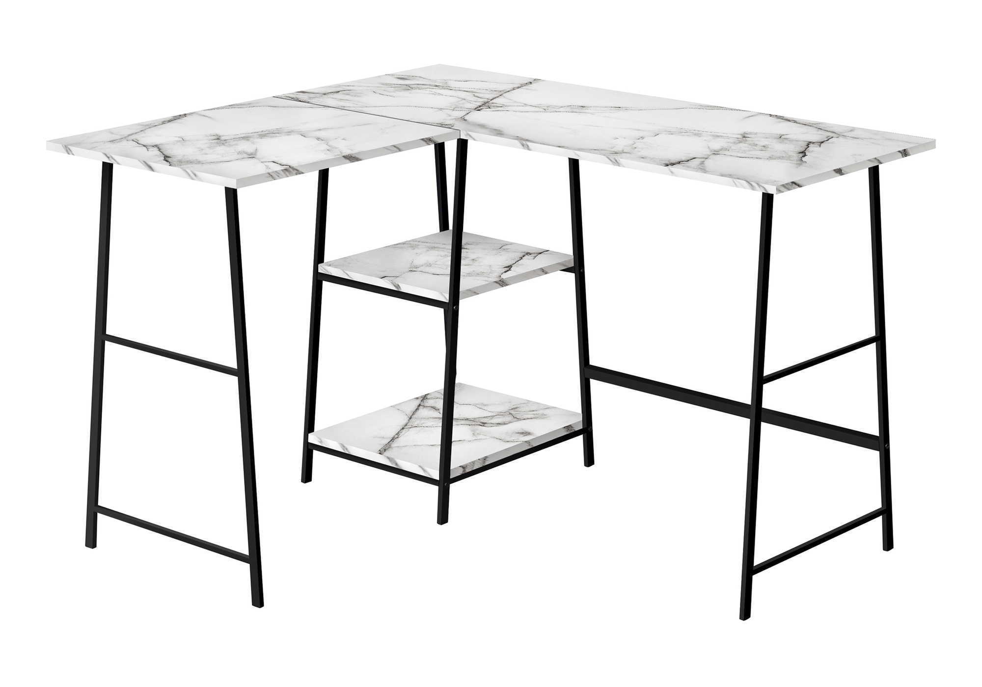 Computer Desk, Home Office, Corner, Storage Shelves, L-Shape, Work, Laptop, Marble Look Laminate, Contemporary, Modern - White