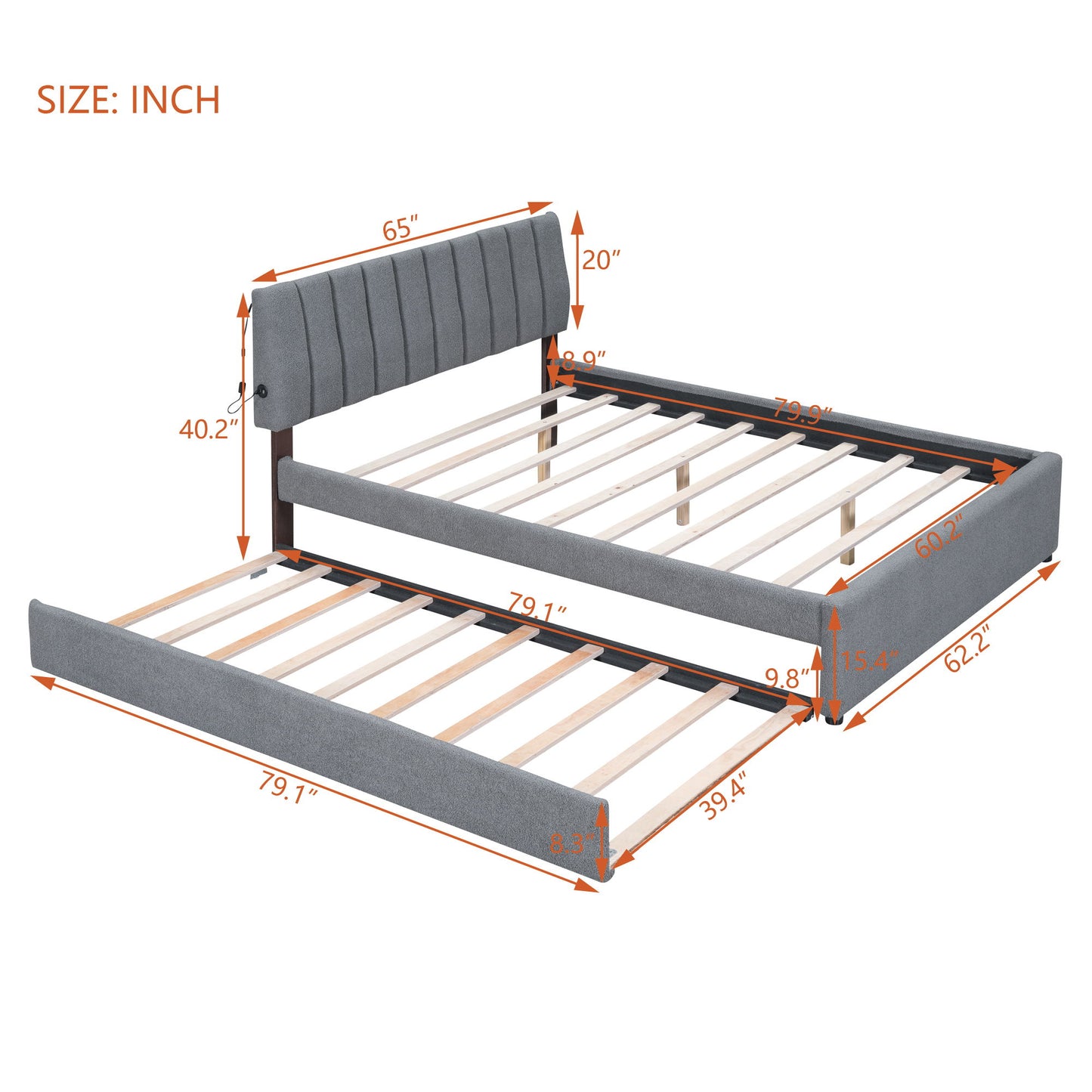 Queen Size Upholstered Platform Bed With Twin Long Trundle - Gray
