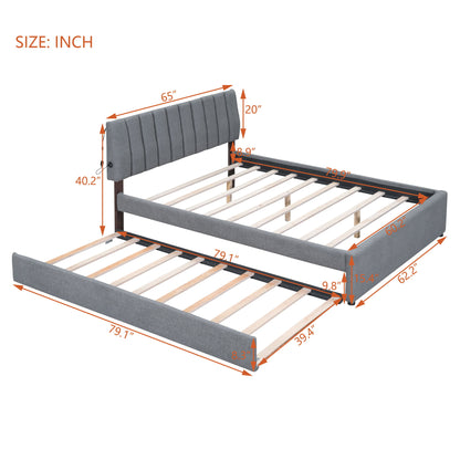 Queen Size Upholstered Platform Bed With Twin Long Trundle - Gray