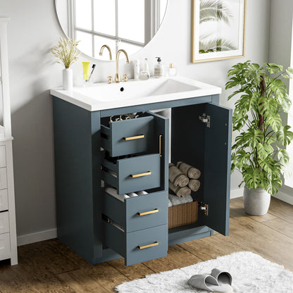 Bathroom Vanity With Ceramic Sink Combo, Frame Bathroom Storage Cabinet, Freestanding Vanity Set With 3 Drawers & Soft Closing Doors - Blue