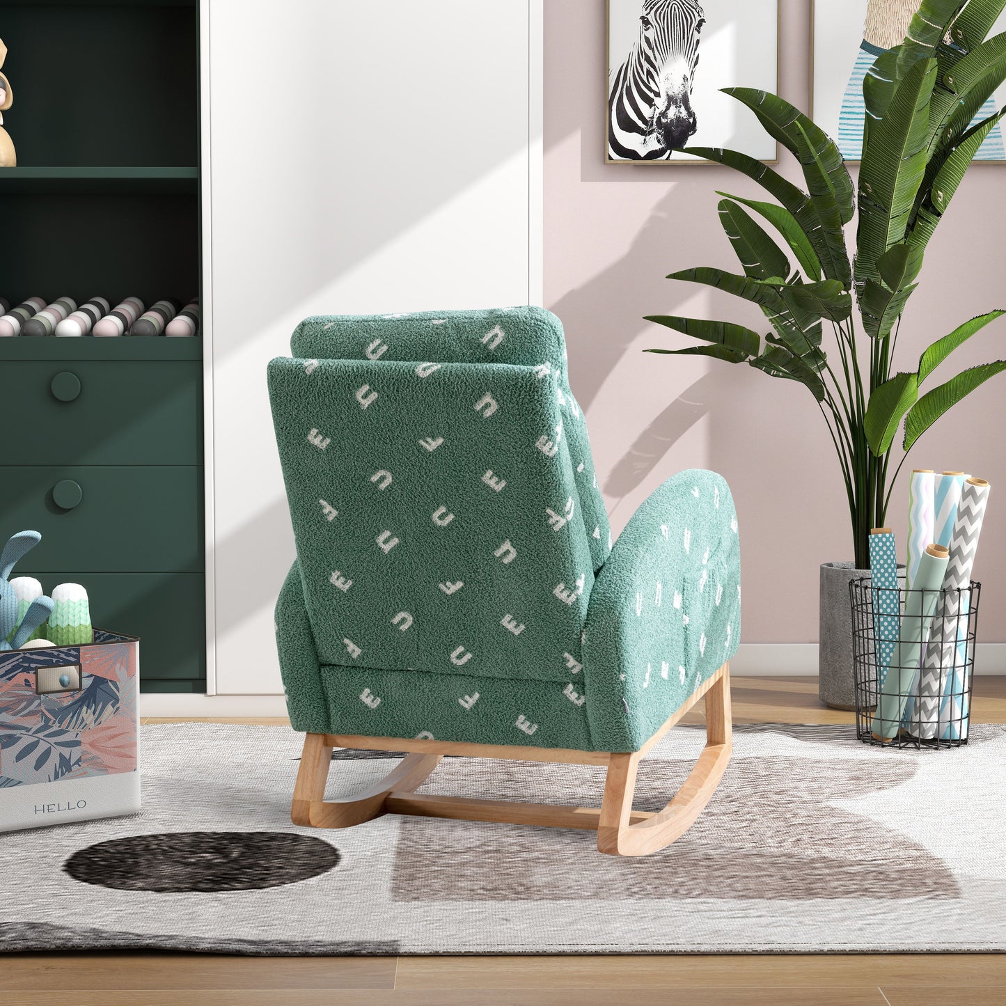 Modern Rocking Chair For Nursery, Mid Century Accent Rocker Armchair With Side Pocket, Upholstered High Back Wooden Rocking Chair For Living Room - Green