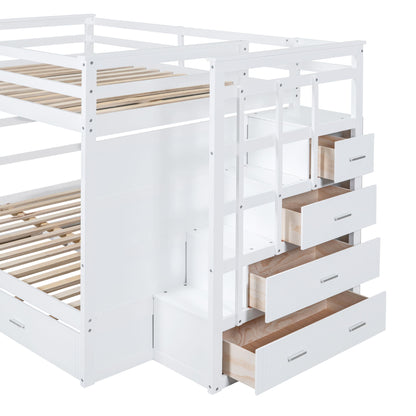 Full Over Full Bunk Bed With Twin Size Trundle And Staircase - White