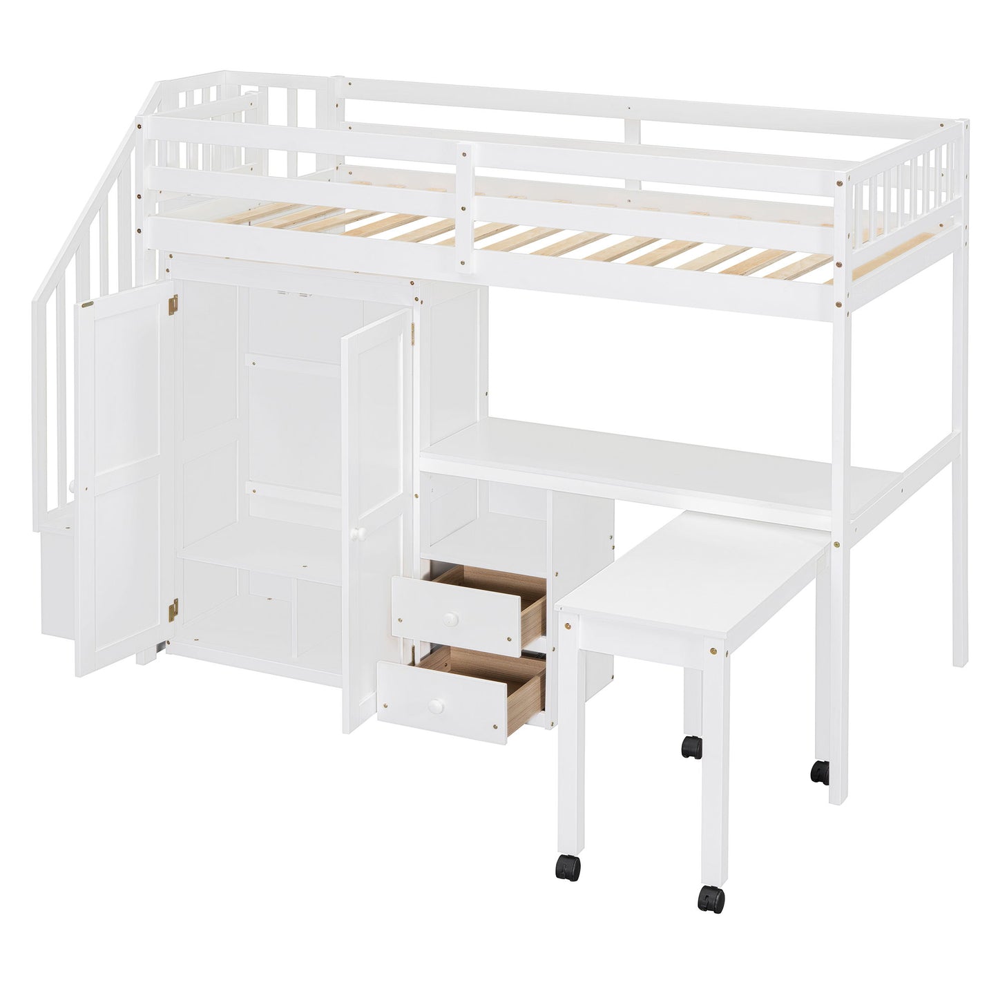 Twin Size Loft Bed With Stairs, Bookshelf, Drawers, Desk & Wardrobe, Space Saving Multifunctional Furniture - White