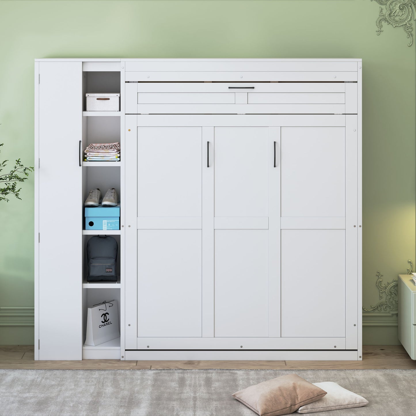 Full Size Murphy Wall Bed With Shelves, Wardrobe And LED Lights - White