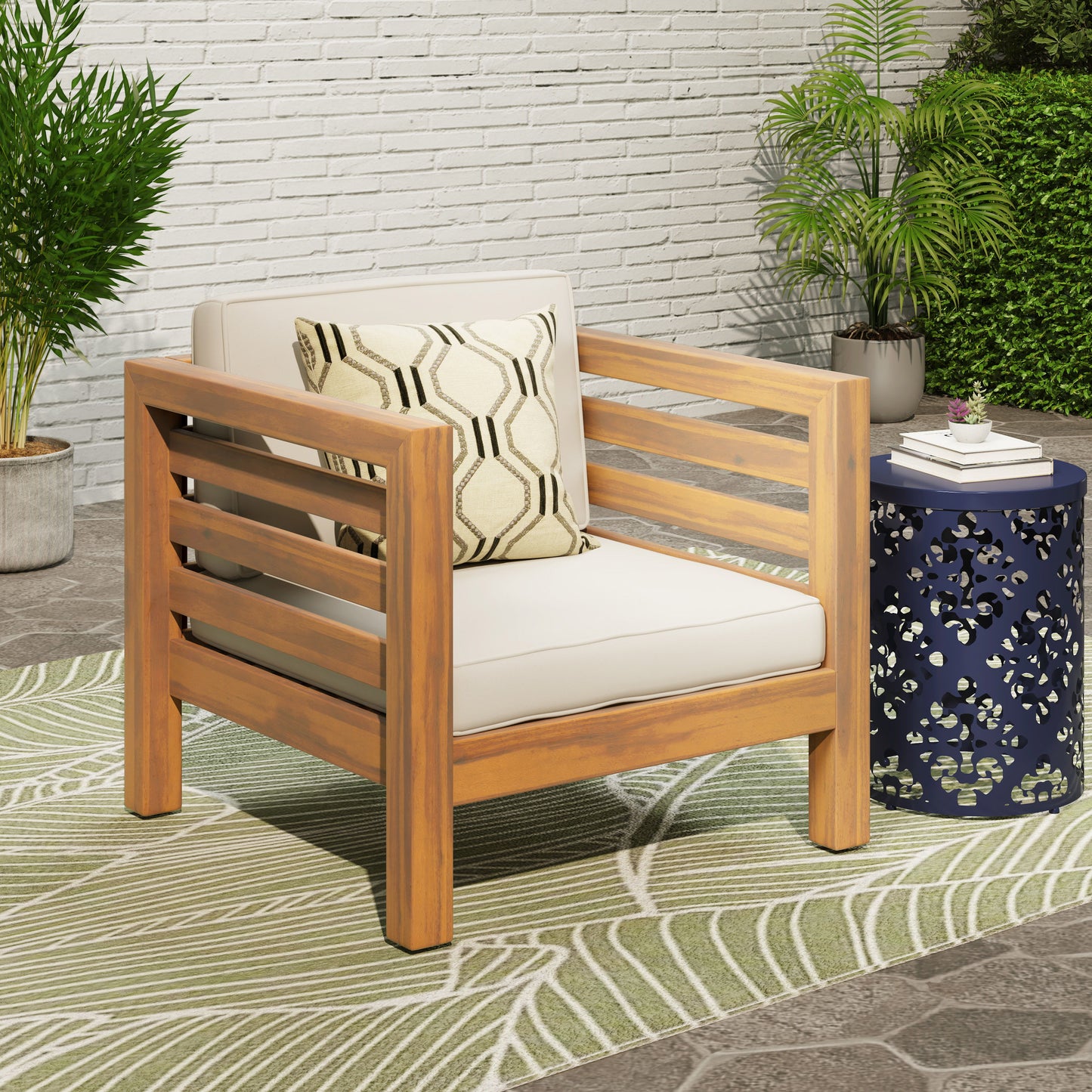 Outdoor Club Chair, Acacia Wood Patio Chair With Fabric Cushion For Backyard, Poolside - Teak / Beige