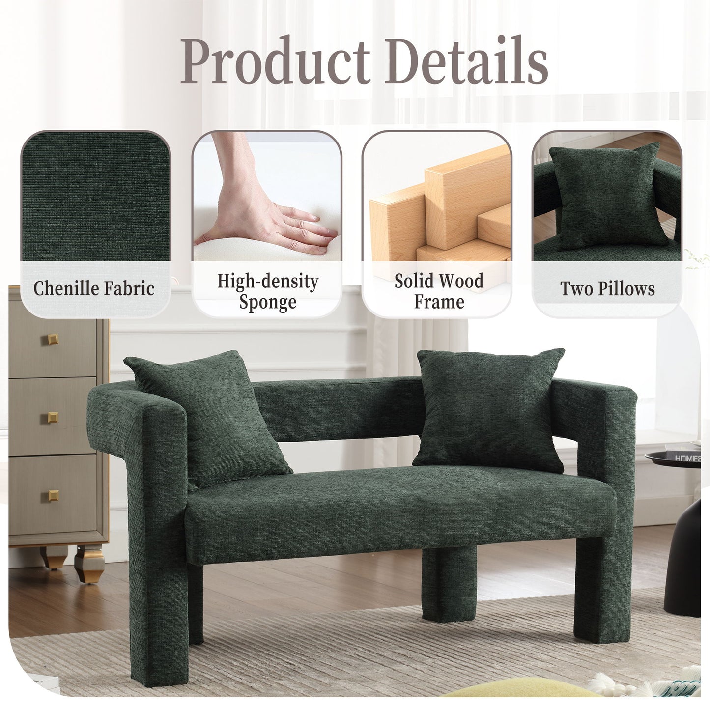 Modern Loveseat Sofa, Comfy Upholstered 2 Seater - Emerald