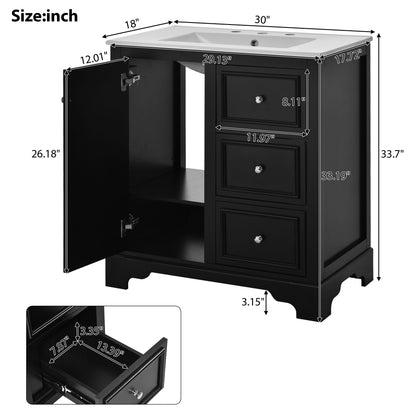 Bathroom Vanity Cabinet With Ceramic Basin, 3 Drawers And Adjustable Shelves - Black