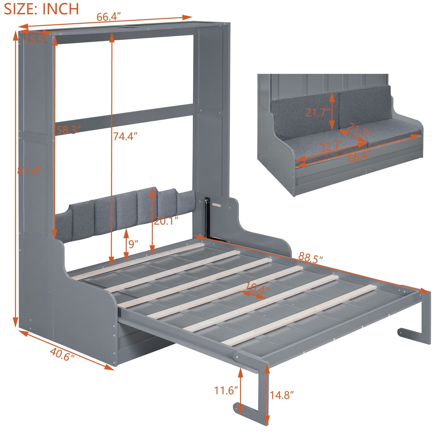 Queen Size Murphy Wall Bed With Cushion, Space Saving - Gray
