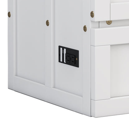 Queen Solid Pine Murphy Bed Chest With Charging Station And Large Storage Drawer For Home Office Or Small Room - White / Walnut