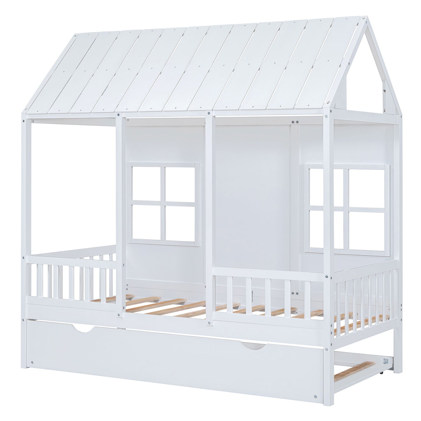 Twin Size House Bed With Twin Size Trundle, Daybed - White