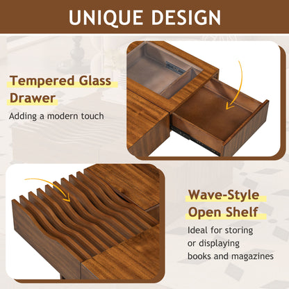 Mid Century Modern Coffee Table, Unique Square Wooden Coffee Table With 3 Drawers, Tempered Glass And Solid Wood Legs For Living Room - Brown