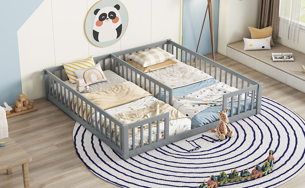 Double Twin Floor Bed With Fence, Guardrails, Without Door - Gray