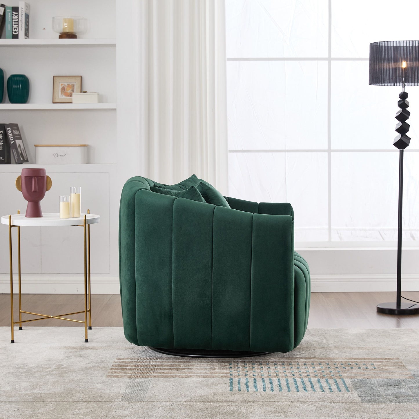 Upholstered Oversized 360 Degree Swivel Accent Barrel Chair And Half Cozy Sofa With 3 Pillows, Channel Tufted Pumpkin Shape Club Armchair For Living Room, Bedroom, Office, Lounge - Green